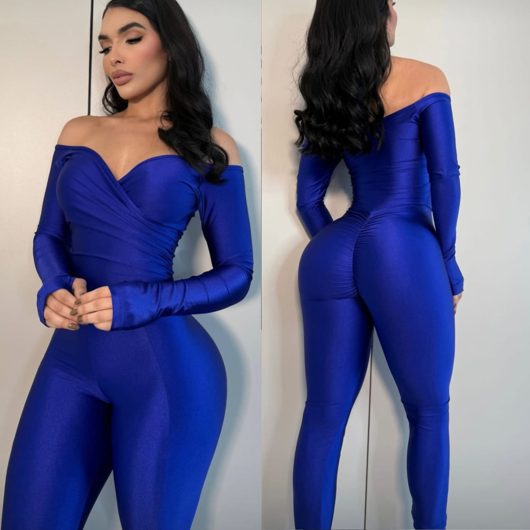 Enterizo Diosa Cruzado Off-Shoulder color azul rey - vista frontal y trasera