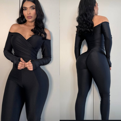 Enterizo Diosa Cruzado Off-Shoulder color negro - vista frontal y trasera