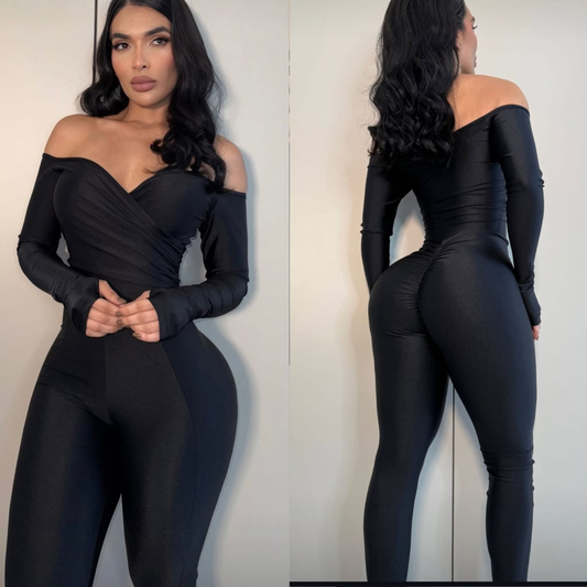 Enterizo Diosa Cruzado Off-Shoulder color negro - vista frontal y trasera