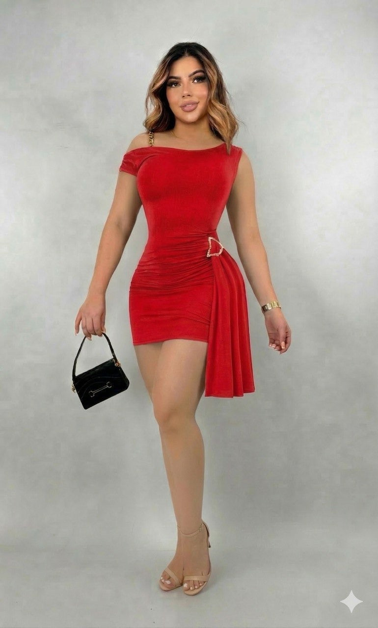 Vestido Mini Drapeado Broche Dorado