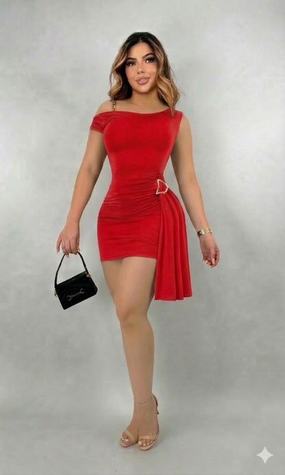 Vestido Mini Drapeado Broche Dorado