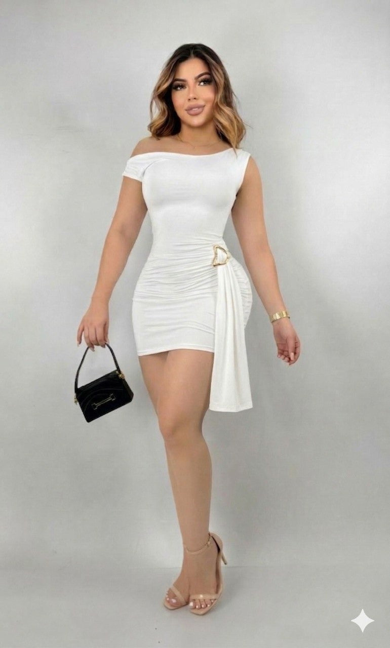 Vestido Mini Drapeado Broche Dorado