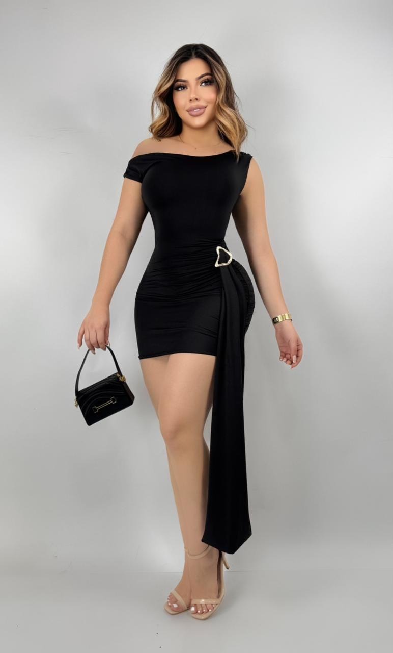 Vestido Mini Drapeado Broche Dorado